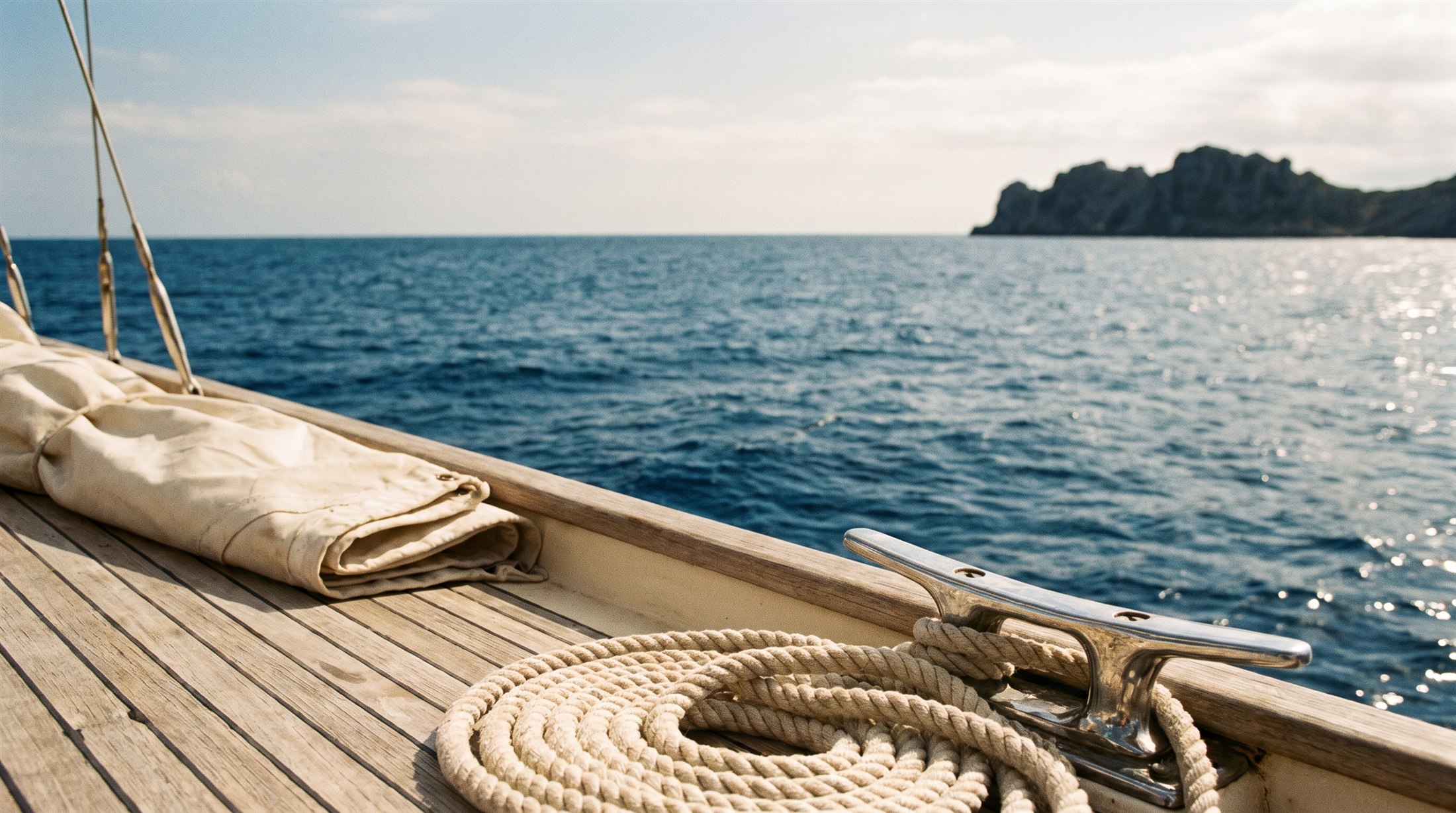 Corde e legno di una barca a vela sul mare aperto.